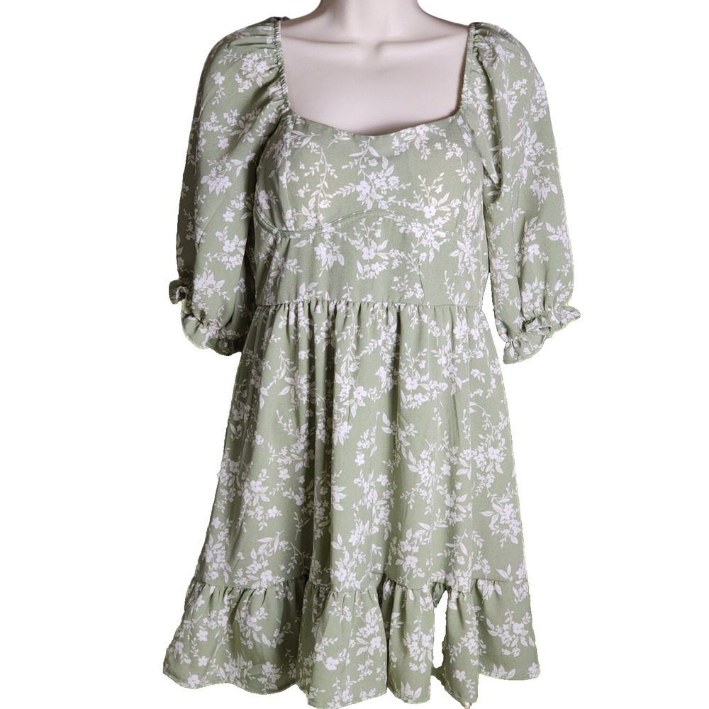 Inspired Hearts Green Floral Mini Dress Women's M Boho Bell Sleeve Ruffle Summer